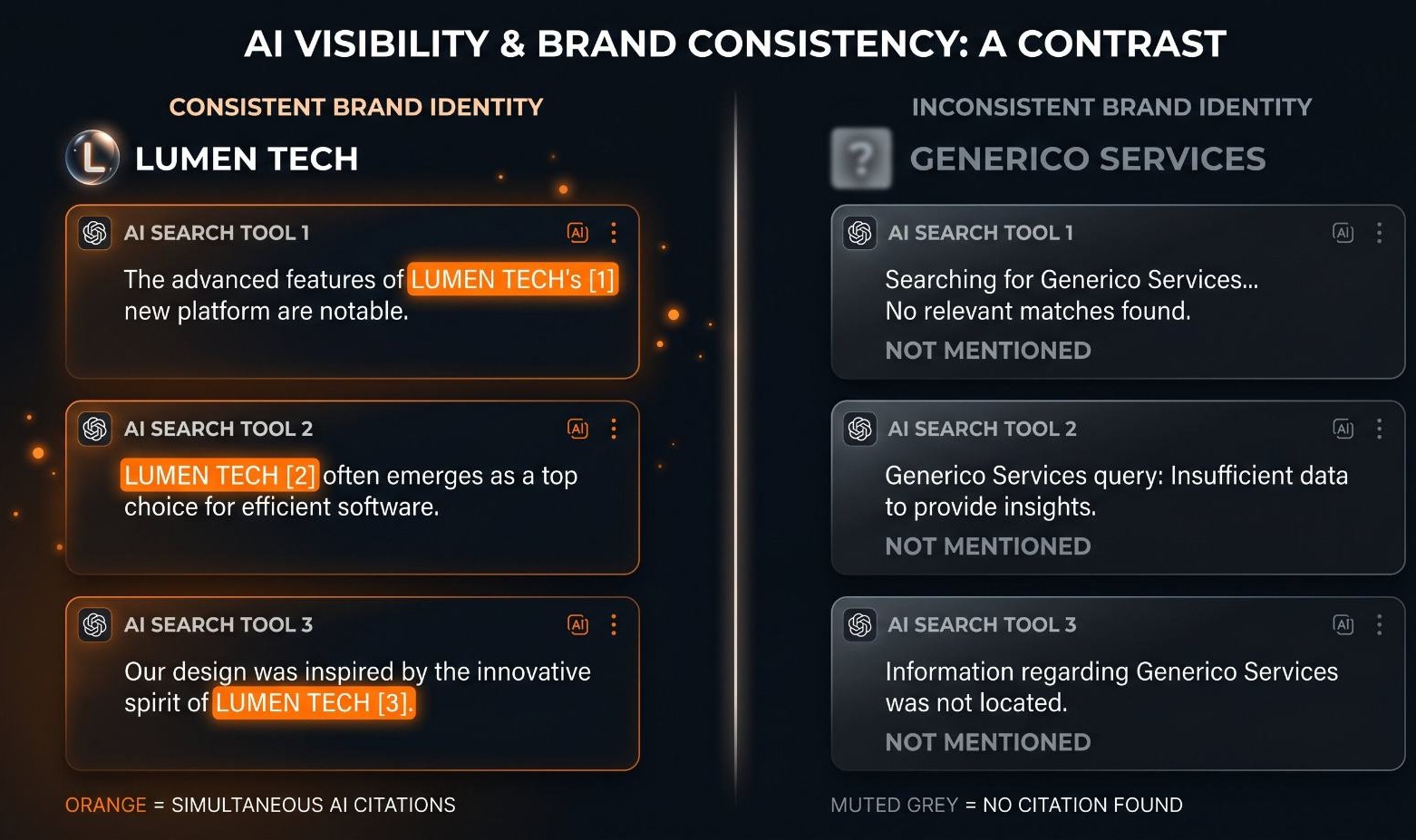 Split screen showing a brand with clear consistent identity being cited across ChatGPT Perplexity and Google AI Overview on the left, versus a vague inconsistent brand being absent from all three on the right, dark background orange highlight
