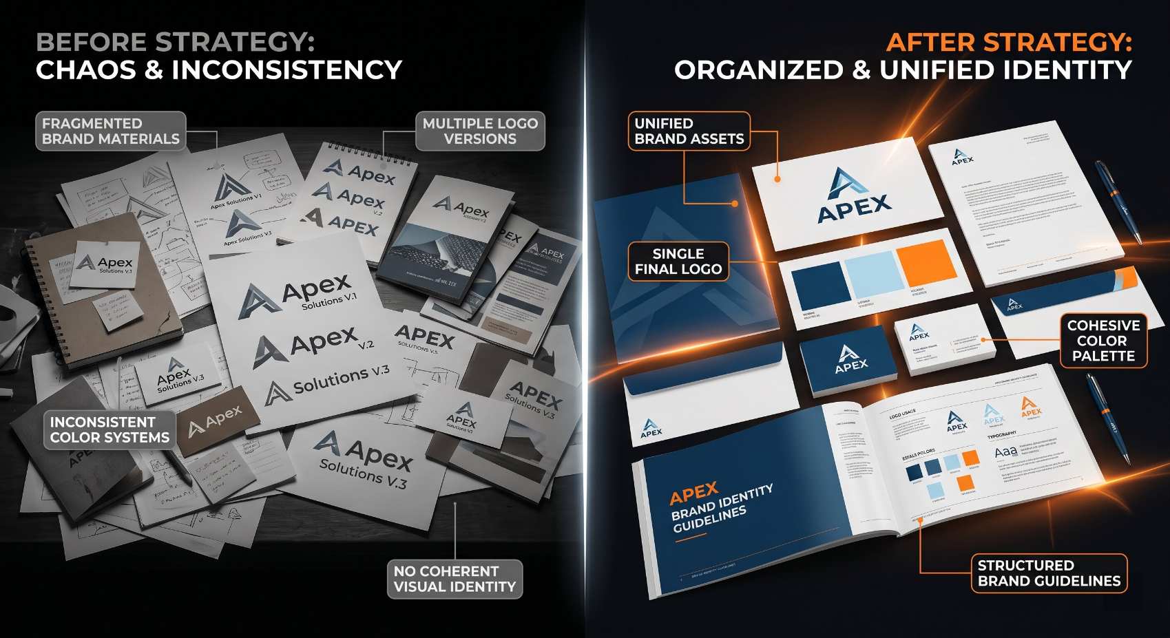 Before and after showing a business with no brand development strategy having scattered inconsistent communications versus the same business after a structured brand development process with clear consistent identity across all touchpoints