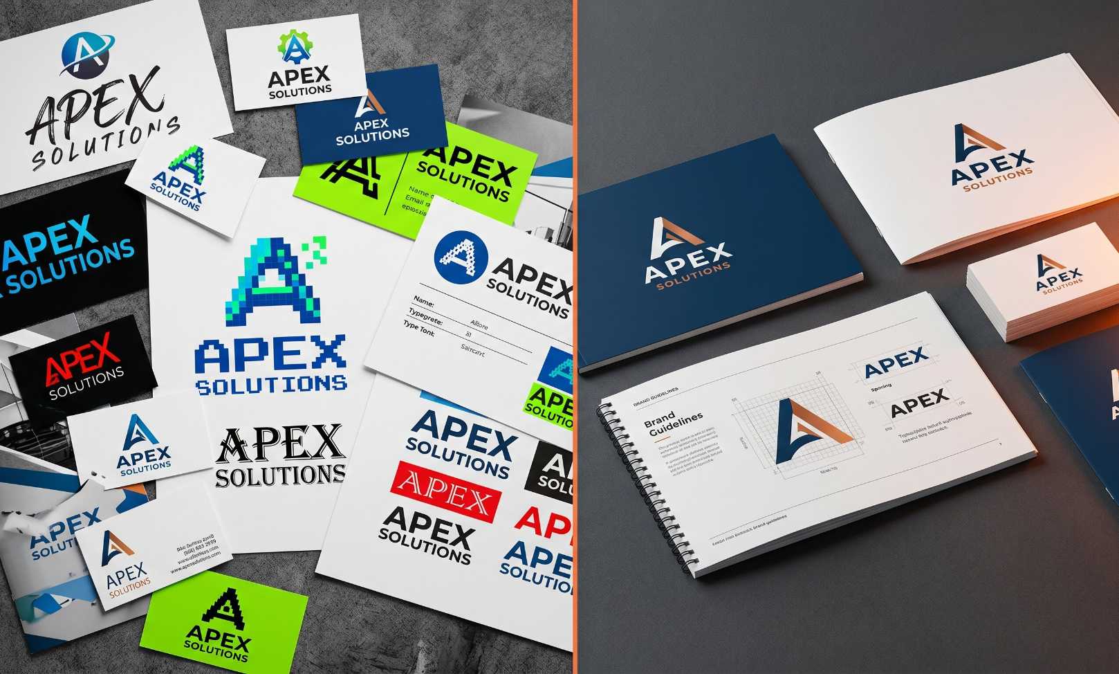 Before and after brand identity comparison showing old scattered inconsistent brand materials on the left and a clean cohesive new identity system on the right, professional studio photography dark background orange accents