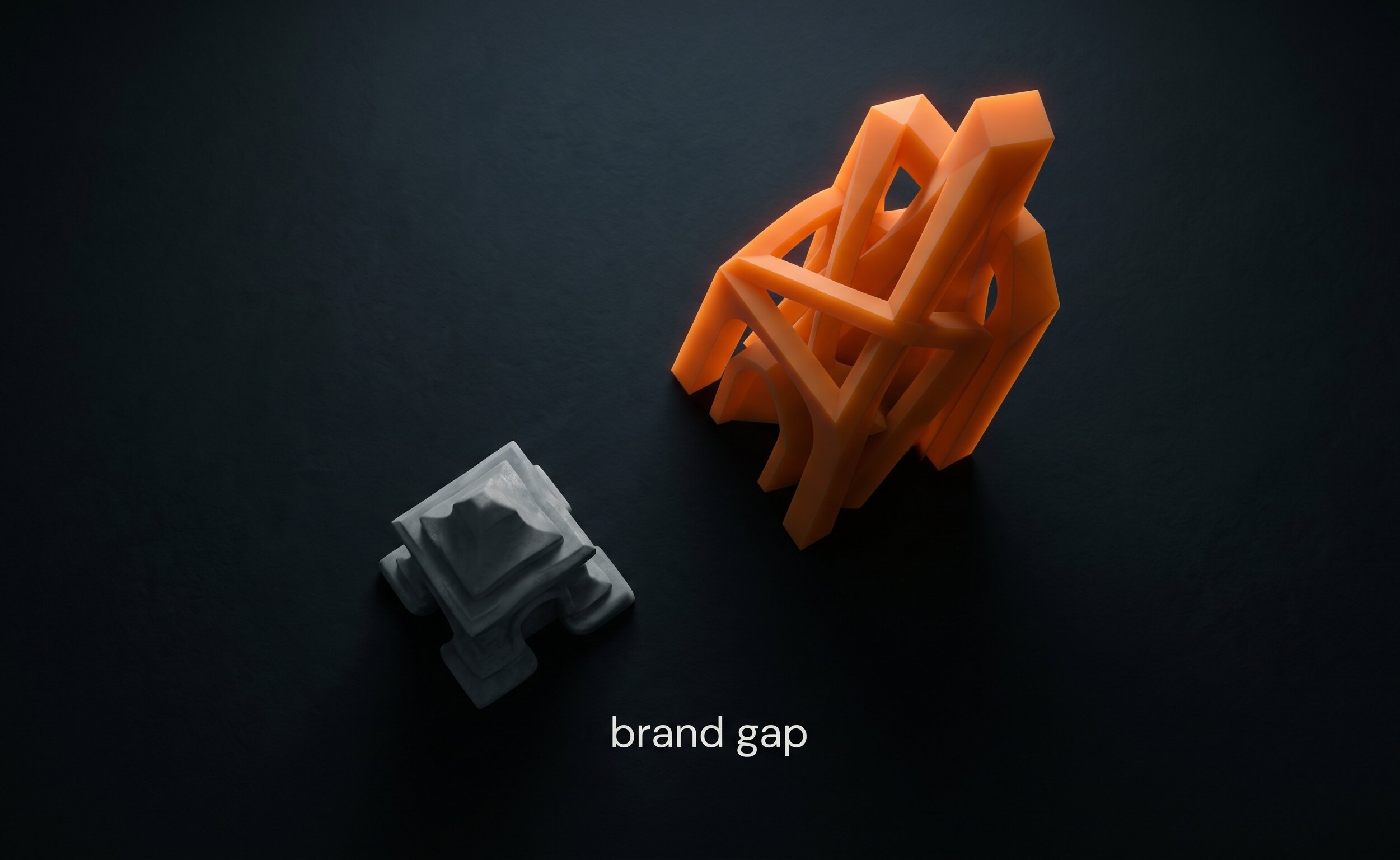 Business brand gap illustration showing the growing distance between what a company has become and what its outdated brand communicates, visual metaphor on dark background with orange highlight