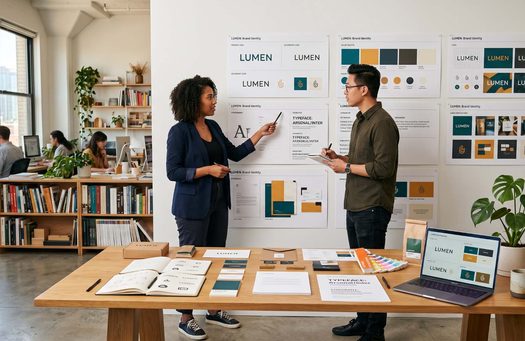 Alpine One Studio team working on corporate rebranding strategy and brand identity design