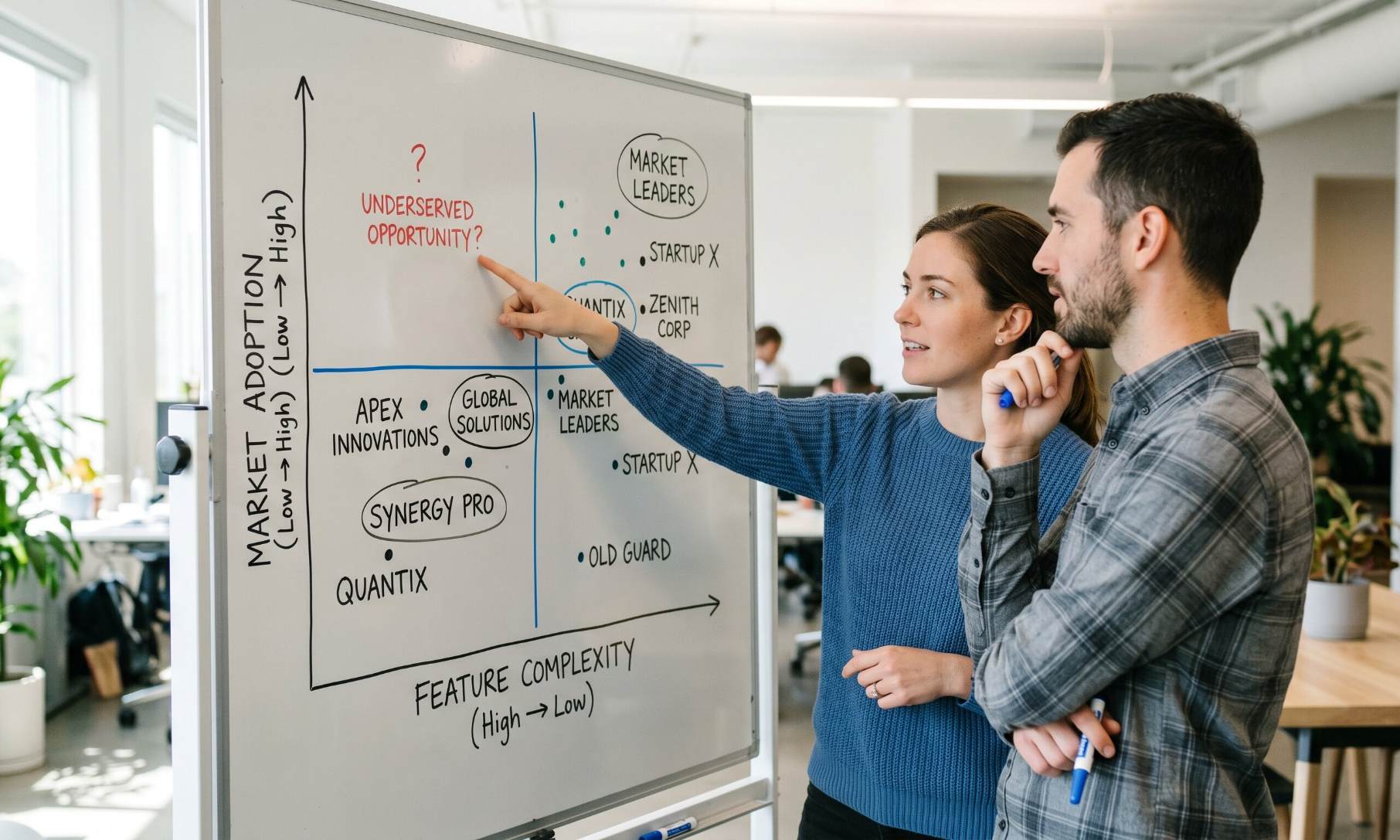 Strategy team plotting competitor brands on a hand-drawn positioning map during a brand workshop