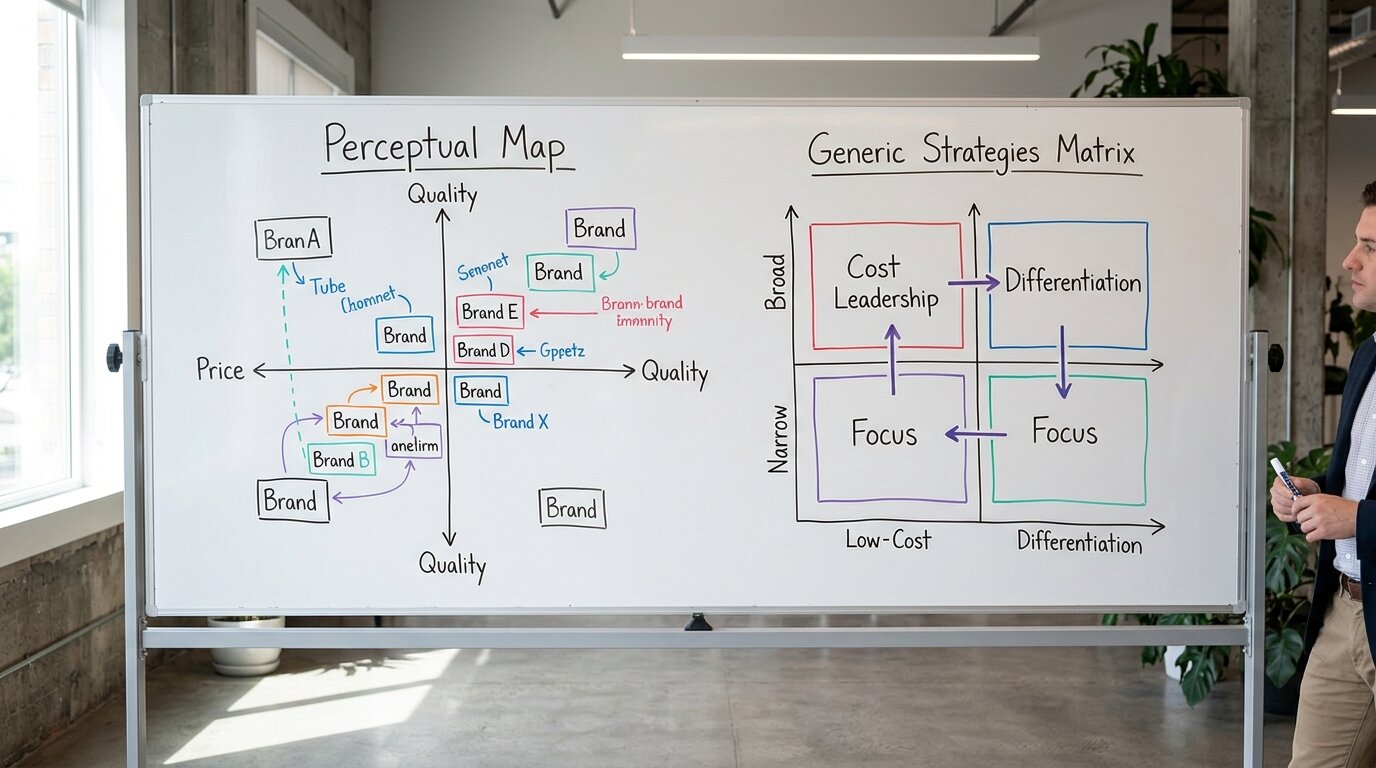 Brand positioning frameworks compared side by side on a strategy whiteboard
