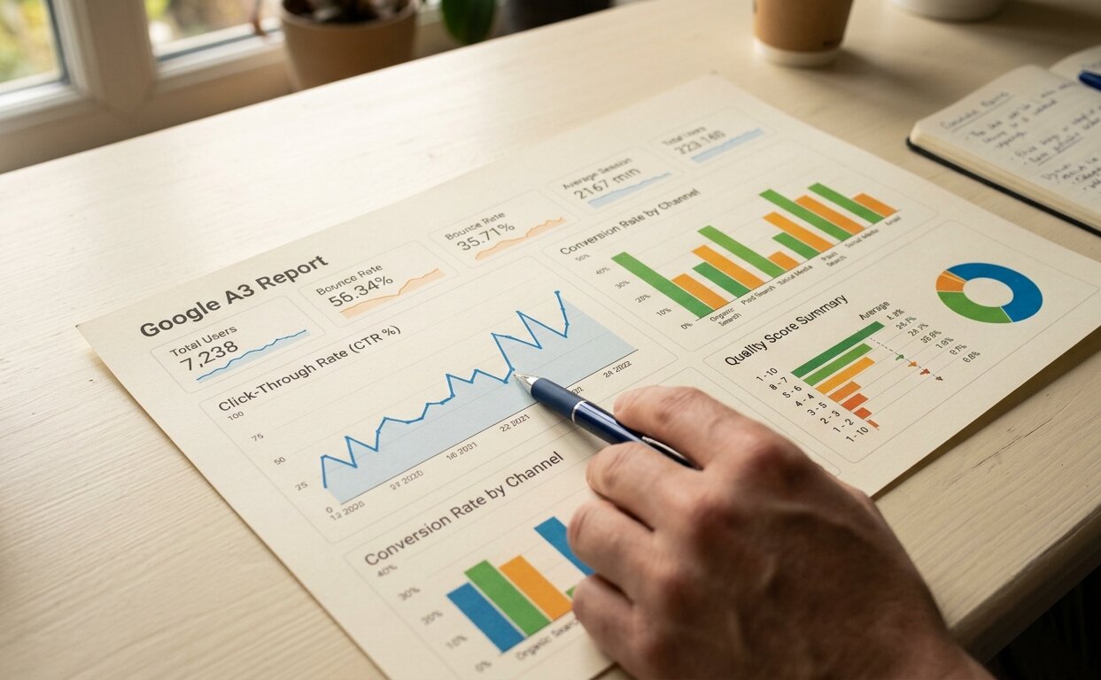 Analytics dashboard showing SEM performance metrics used to evaluate brand positioning effectiveness