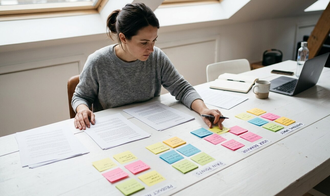 Brand perception research in progress, with customer interview notes and perception mapping on a table