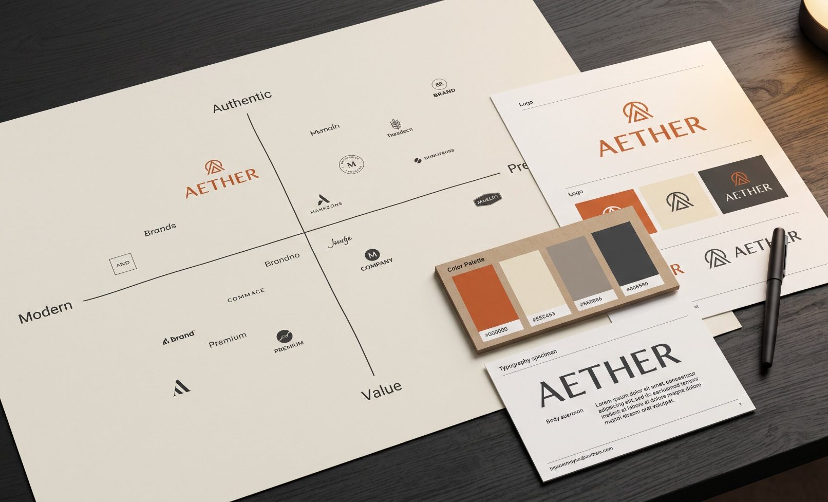 Brand positioning map printed as a large format document alongside brand identity design samples
