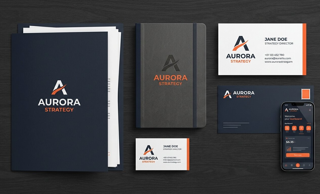 Consistent brand identity applied across multiple touchpoints, showing how repetition builds brand perception
