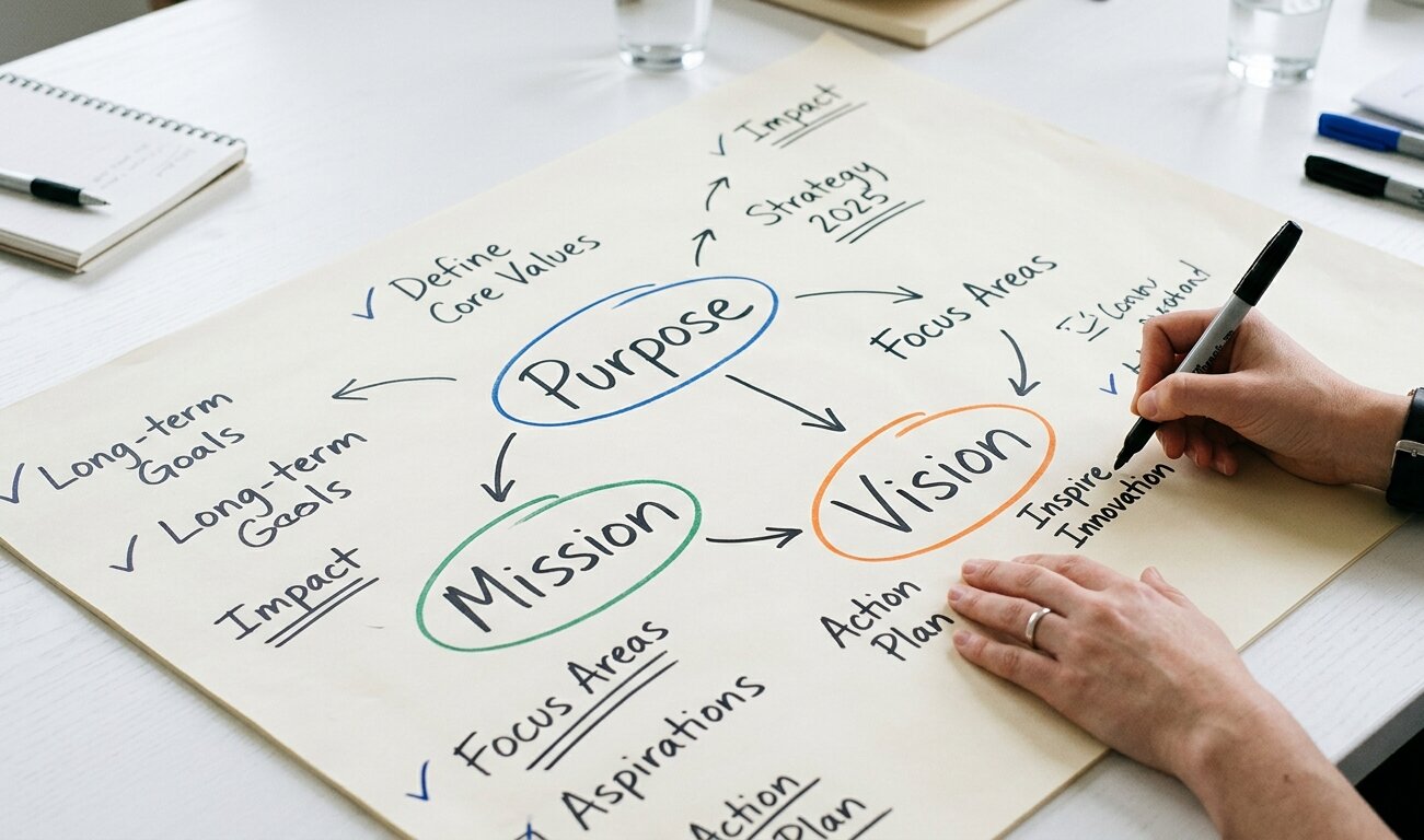 Brand purpose workshop with sticky notes and a purpose statement being written on a whiteboard