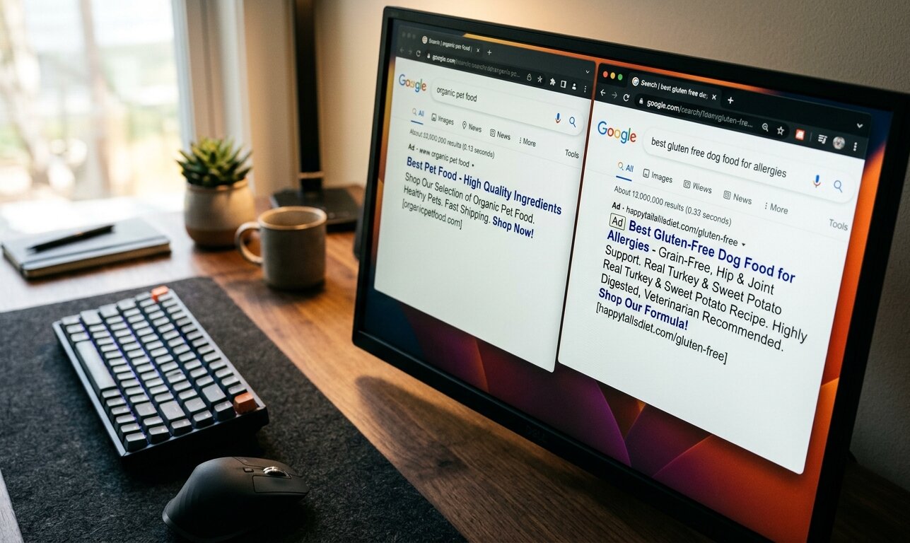 SEM keyword research and ad copy on a screen, with a positioning framework document alongside