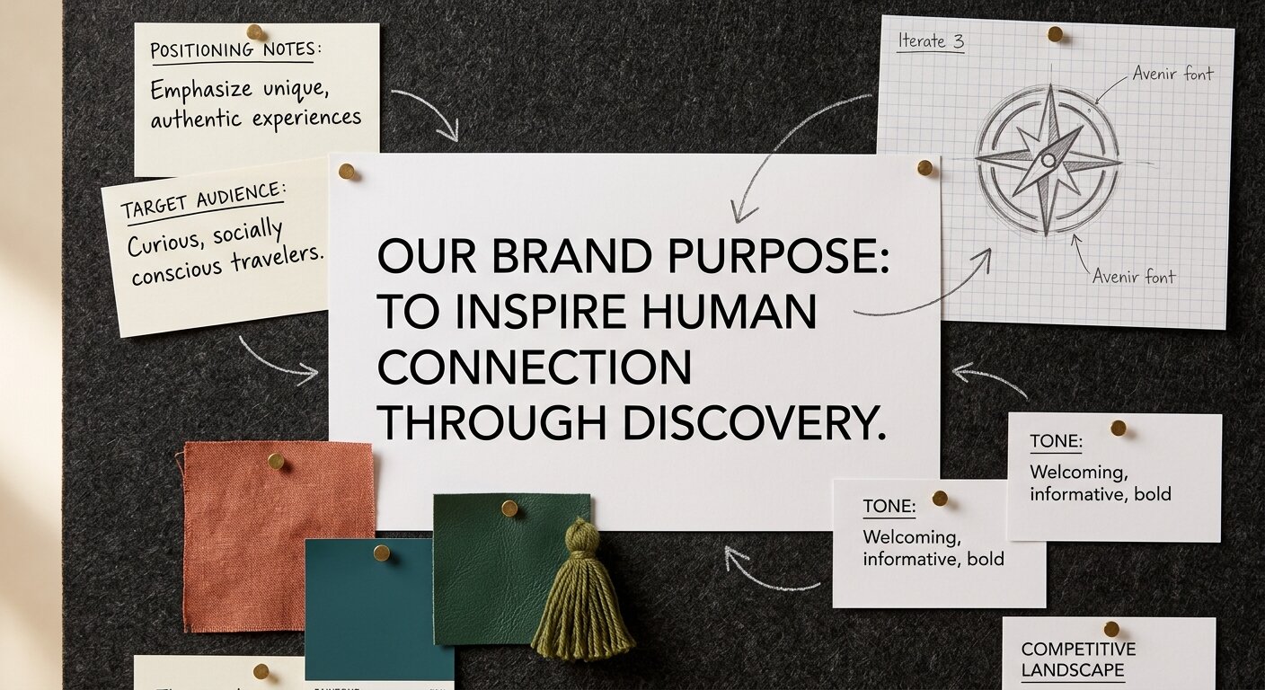 Brand purpose statement printed and pinned to a strategy board alongside positioning and identity work