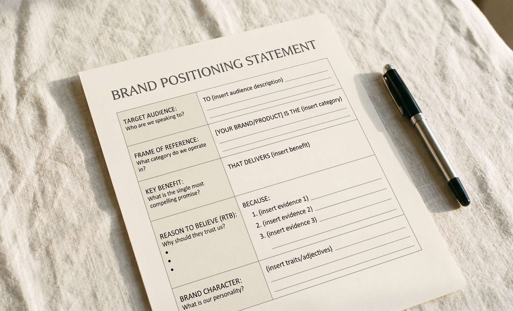 Team working on a brand positioning strategy with notes and a competitive landscape map