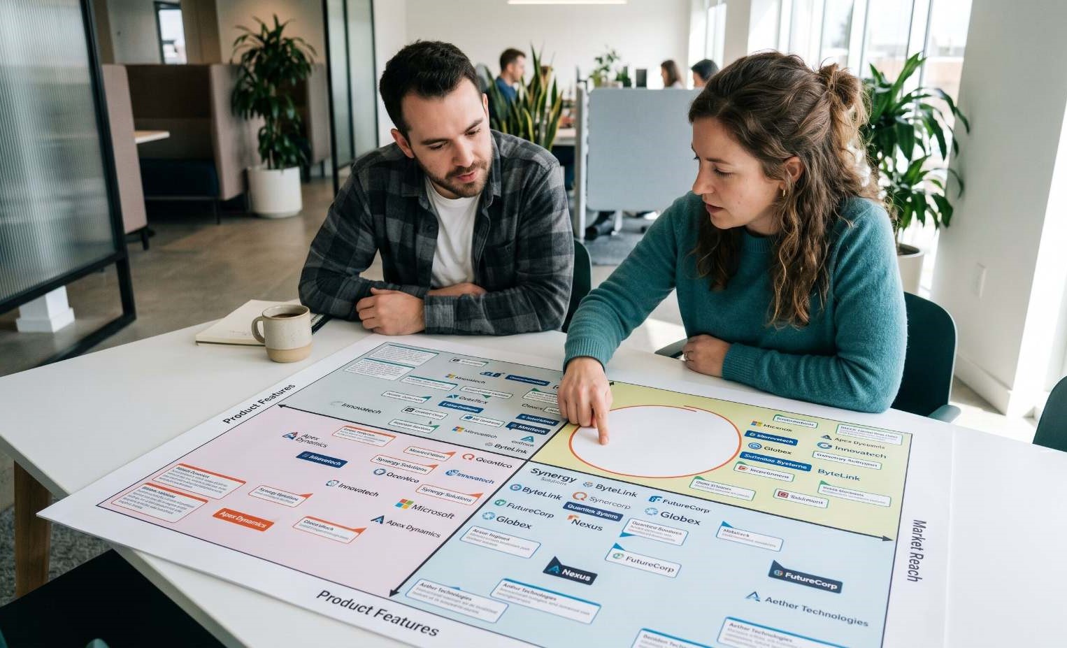 Brand positioning framework document on a desk with a structured positioning statement written out