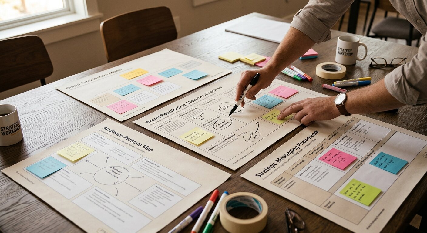 Brand positioning framework workshop with printed canvases and strategy notes on a table